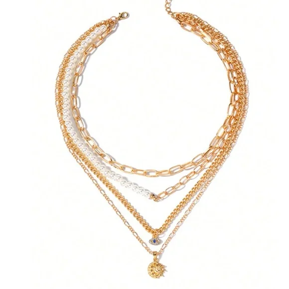 Boho Gold Tone Evil Eye Moon Multilayer Necklace - Picture 4 of 4